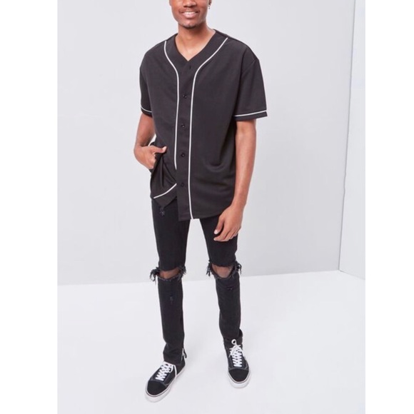 F21 MENS BLACK BASEBALL BUTTON SHIRT - Picture 4 of 6